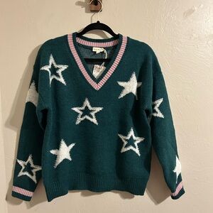 Hem & Thread Teal V-Neck Sweater with White Stars